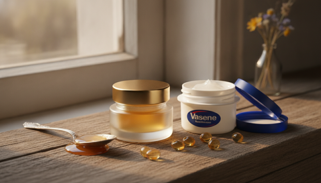 A small elegant jar of golden-hued balm with honey Vaseline and Vitamin E capsules arranged artfully around it on a rust