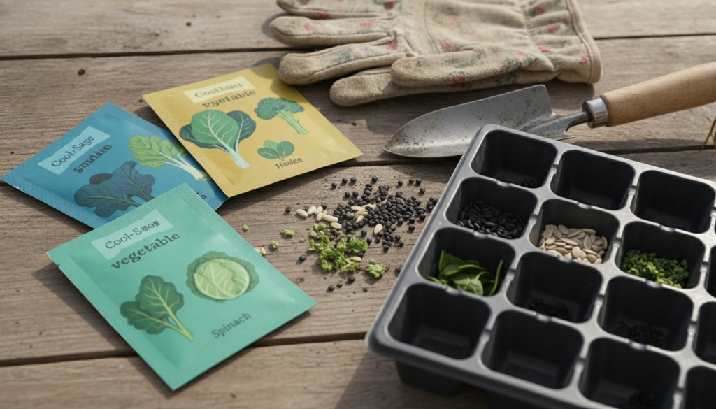 A close-up shot of various cool-season vegetable seeds like spinach lettuce kale radish in small packets or spread on a 