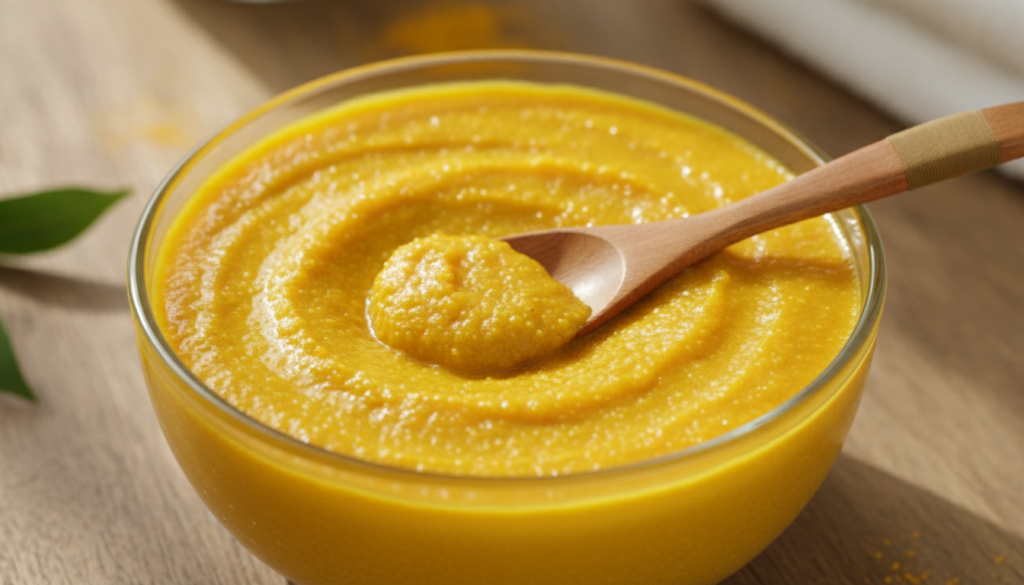 A close-up of the prepared bright yellow turmeric scrub in a glass bowl with a spoon showing its granular but moist text