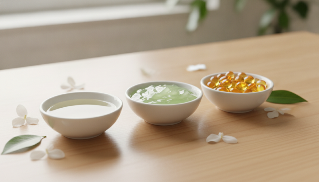 Three small bowls containing baby oil aloe vera gel and vitamin E capsules arranged neatly on a light natural wooden sur
