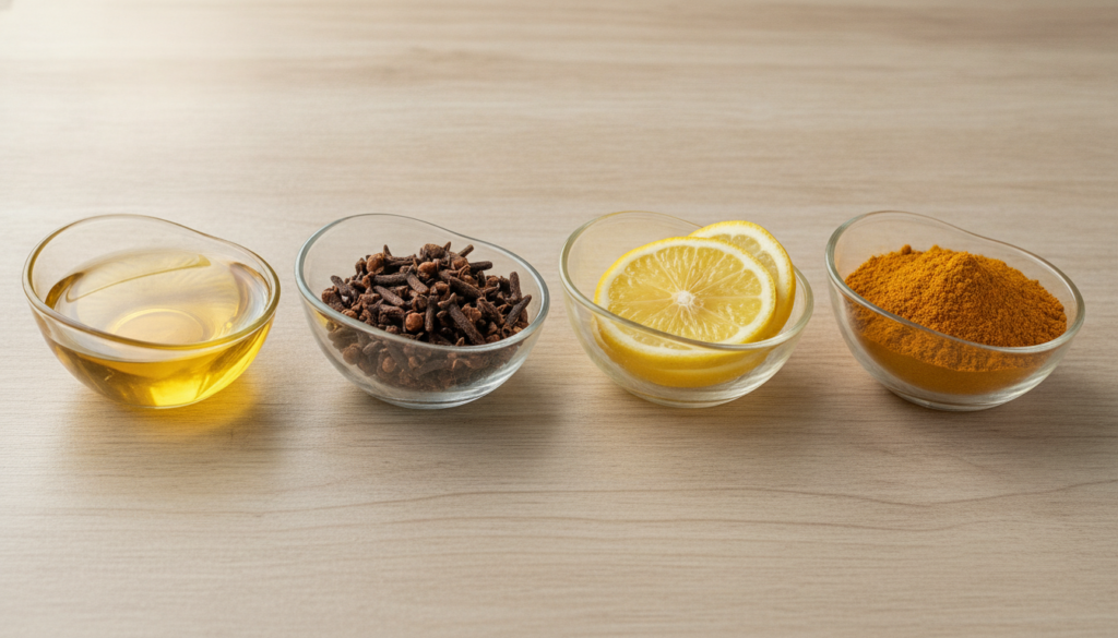 A collection of small glass bowls containing baby oil cloves sliced lemons and turmeric powder arranged neatly on a wood
