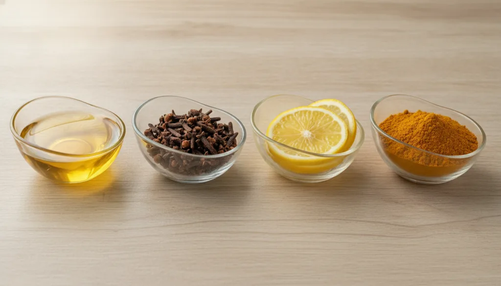A collection of small glass bowls containing baby oil cloves sliced lemons and turmeric powder arranged neatly on a wood