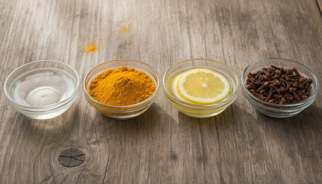 A close-up shot of small bowls containing baby oil lemon slices turmeric powder and dried cloves arranged neatly on a wo