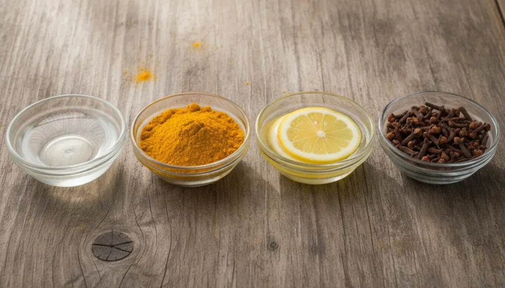 A close-up shot of small bowls containing baby oil lemon slices turmeric powder and dried cloves arranged neatly on a wo