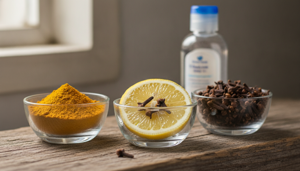 Small glass bowls containing turmeric powder a slice of fresh lemon and a few whole cloves with a bottle of baby oil in