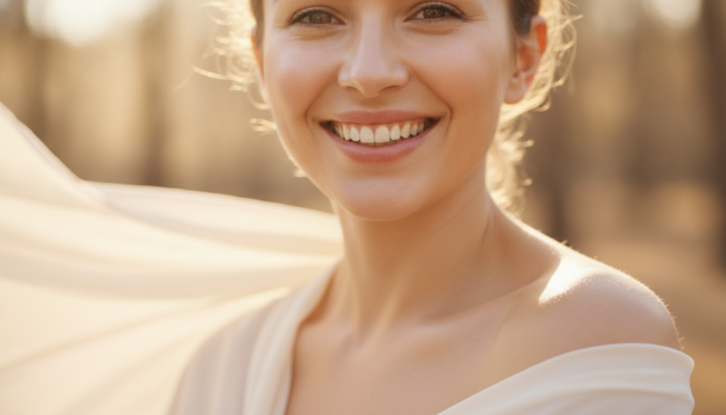 A woman with radiant glowing skin looking healthy and happy with a soft focus on her face and shoulders Warm natural lig