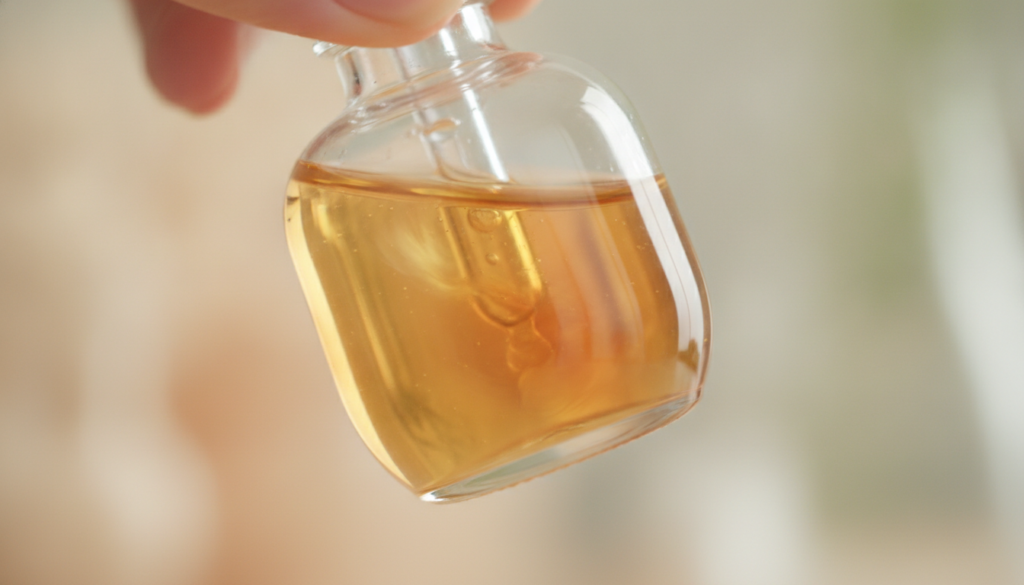 A close-up of a small clear glass bottle filled with a golden-yellow oil blend being gently shaken to mix the ingredient