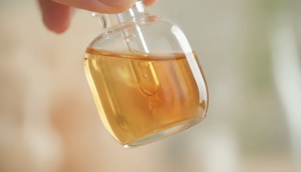 A close-up of a small clear glass bottle filled with a golden-yellow oil blend being gently shaken to mix the ingredient