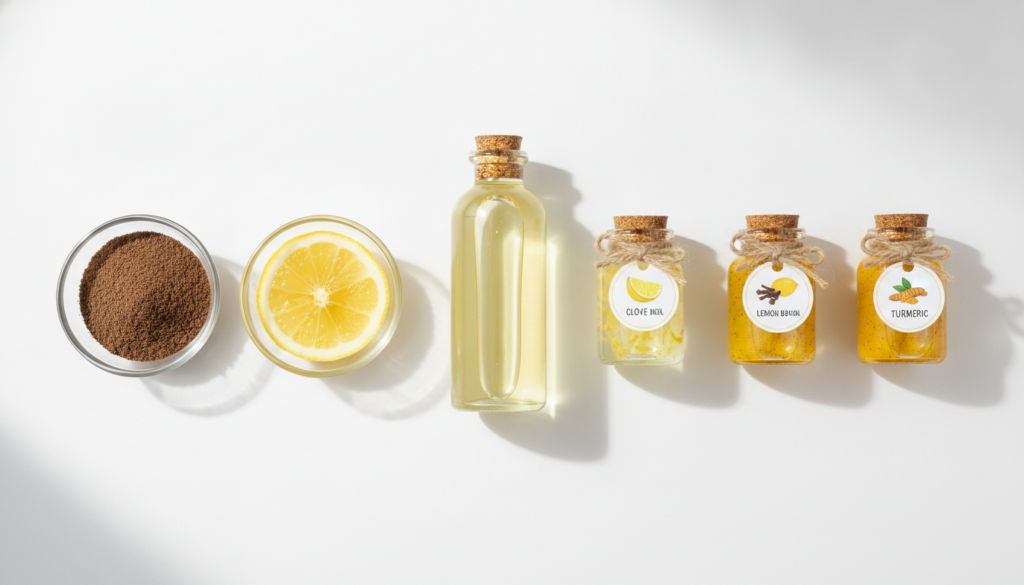 A flat lay showing a bottle of baby oil small bowls with clove powder lemon slices and turmeric powder and three small j