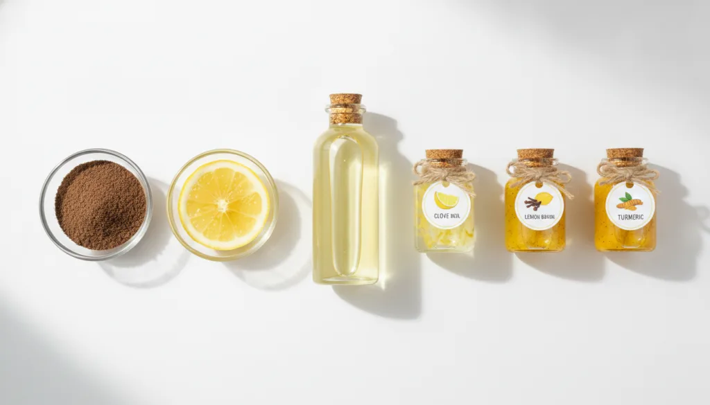 A flat lay showing a bottle of baby oil small bowls with clove powder lemon slices and turmeric powder and three small j