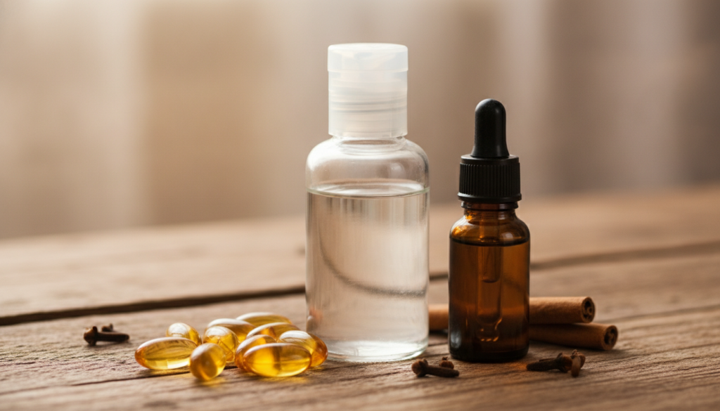 A bottle of baby oil next to a few vitamin E capsules and a small bottle of clove essential oil all arranged on a natura