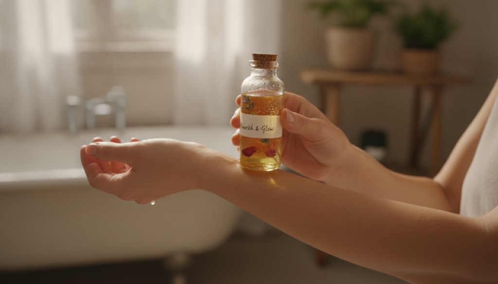 A woman gently massaging the DIY Clove Glow Body Oil onto her arm showing smooth glowing skin in a soft bright bathroom 