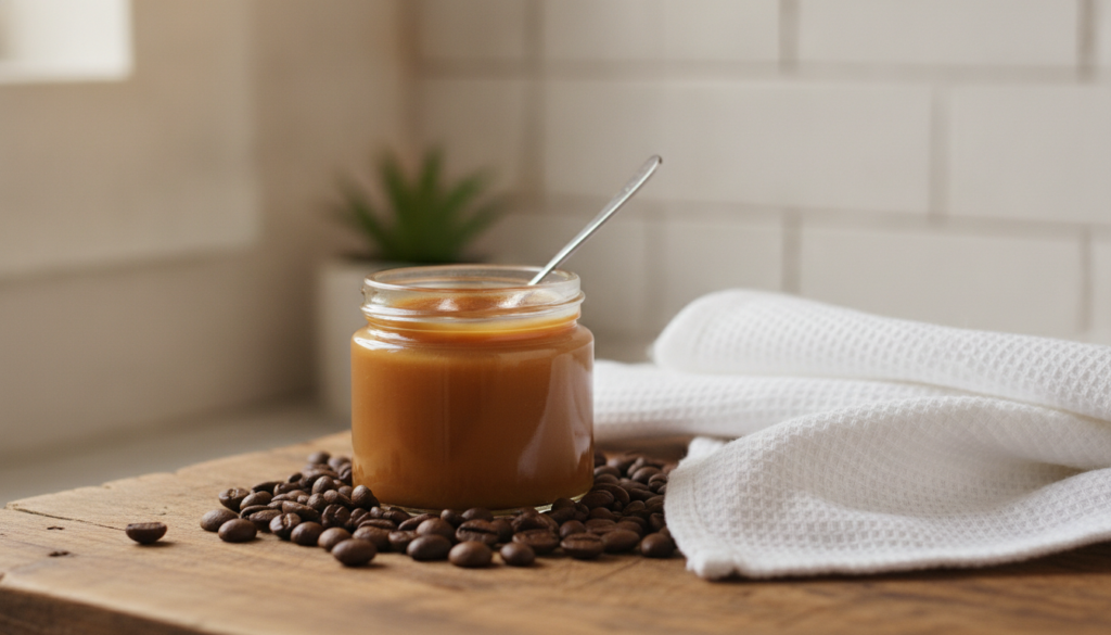 A small glass jar of homemade coffee night balm with a spoon surrounded by coffee beans and a fresh clean facecloth on a