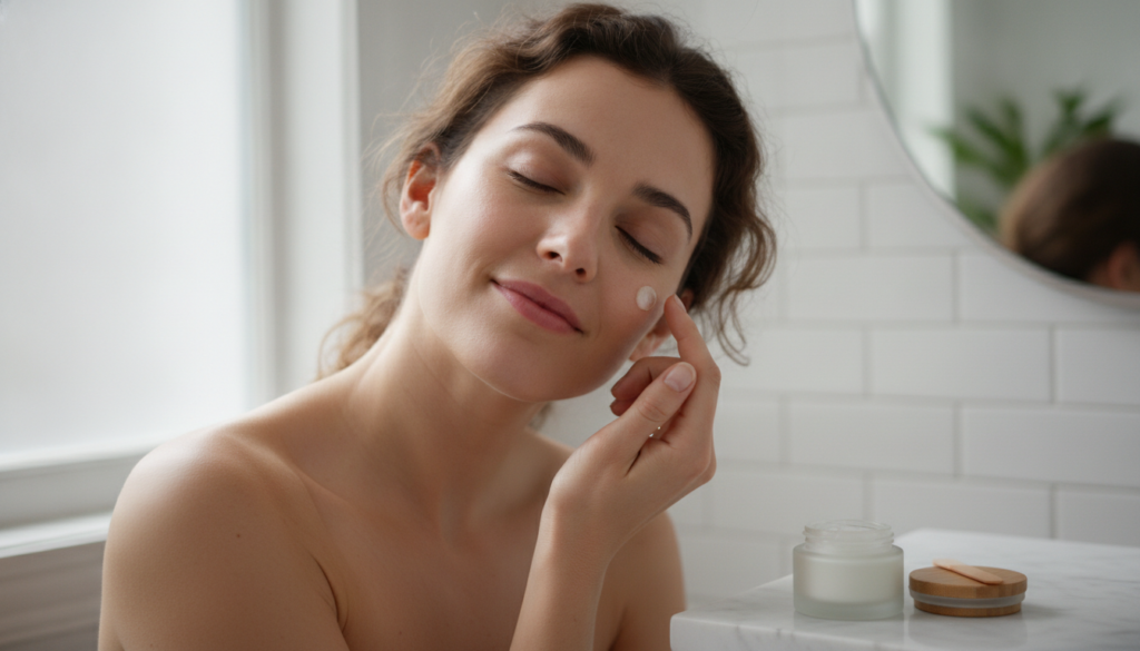A woman gently applying a small amount of night balm to her cheek illustrating the use of the product in a soft focus ba