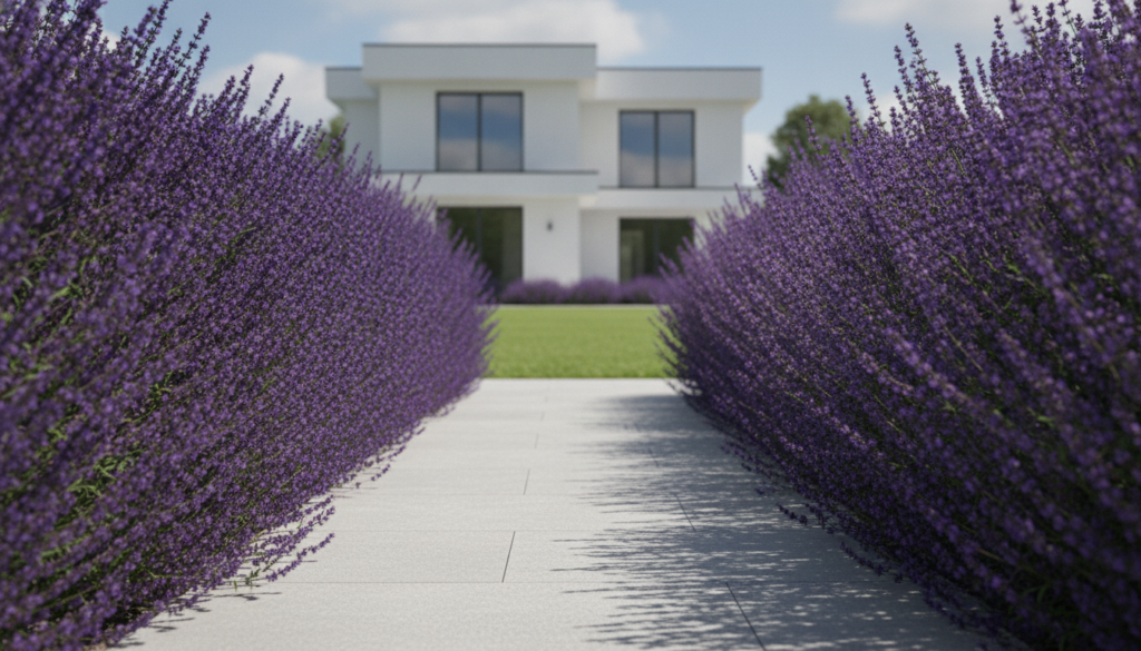 A vibrant border of purple flowering plants likely Salvia or Lavender lining a walkway with green lawn and a white house