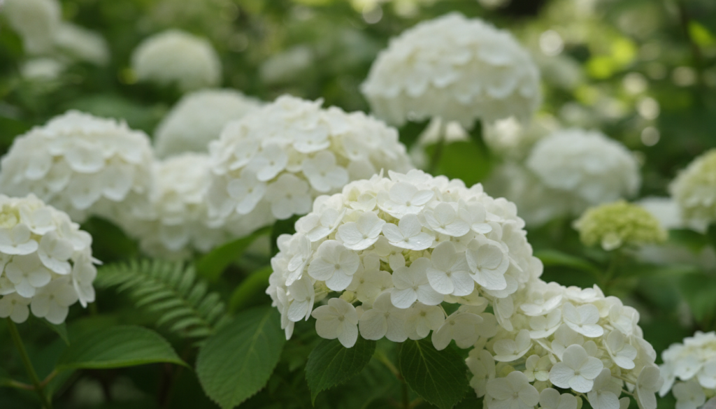 Close-up of white hydrangea blooms showing their lush full appearance with green foliage in the background under dappled
