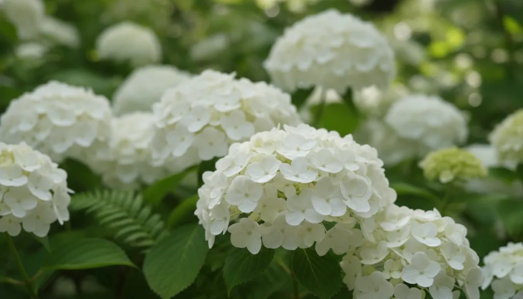 Close-up of white hydrangea blooms showing their lush full appearance with green foliage in the background under dappled