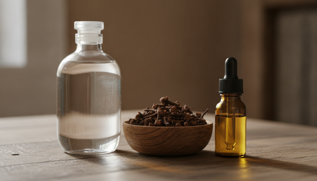 A close-up shot of the three main ingredients a bottle of baby oil small dark cloves in a bowl and a small capsule or bo