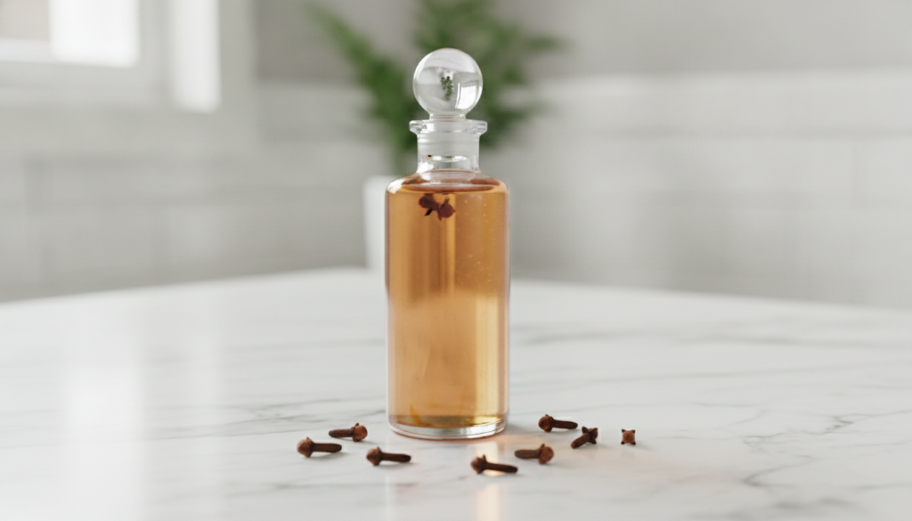 A clear glass bottle filled with a light amber clove-infused oil placed next to a few scattered whole cloves on a white 