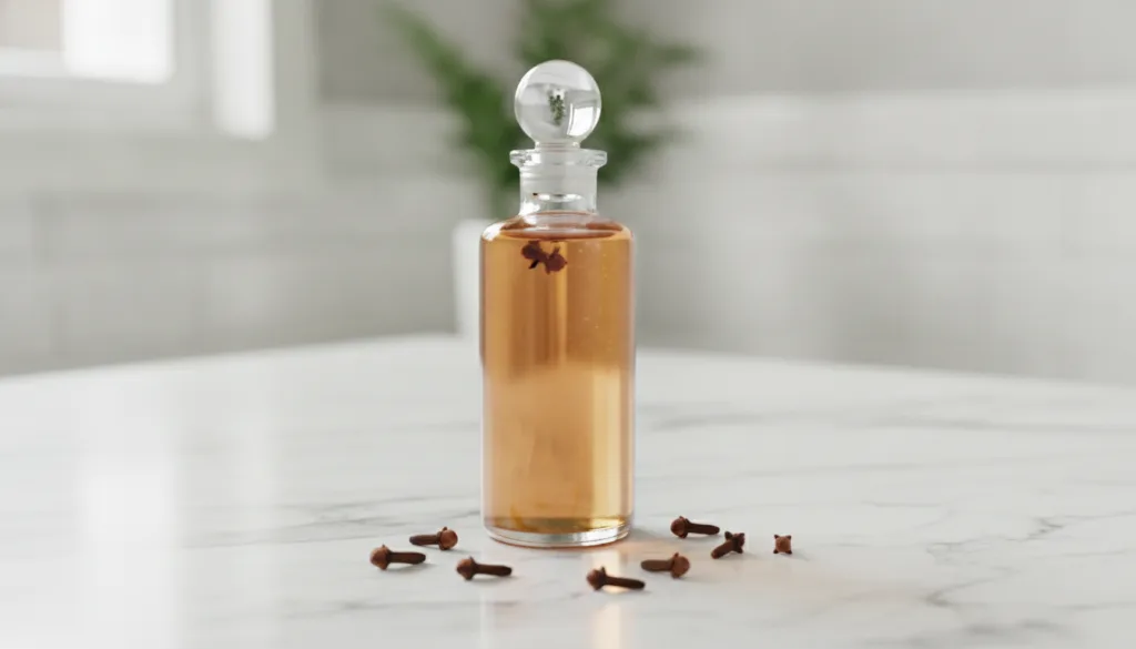 A clear glass bottle filled with a light amber clove-infused oil placed next to a few scattered whole cloves on a white