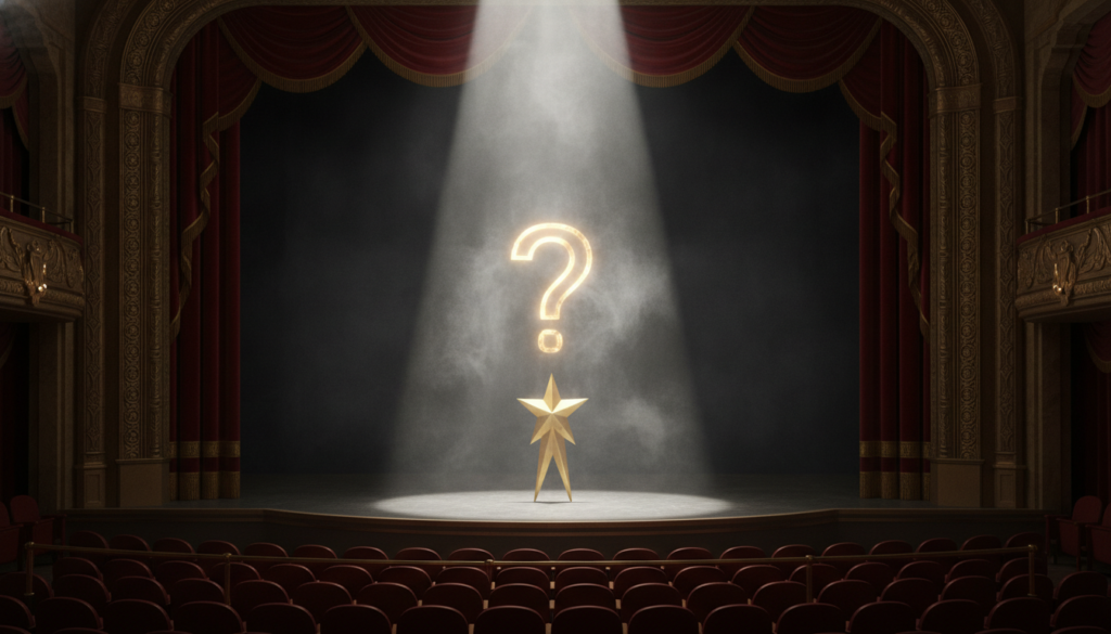 A dramatic cinematic wide 16 9 featured blog image A mysterious golden Hollywood star silhouette standing on a stage und