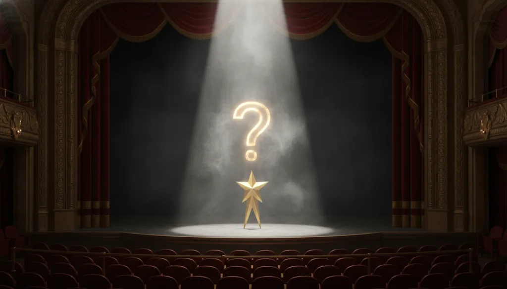 A dramatic cinematic wide 16 9 featured blog image A mysterious golden Hollywood star silhouette standing on a stage und