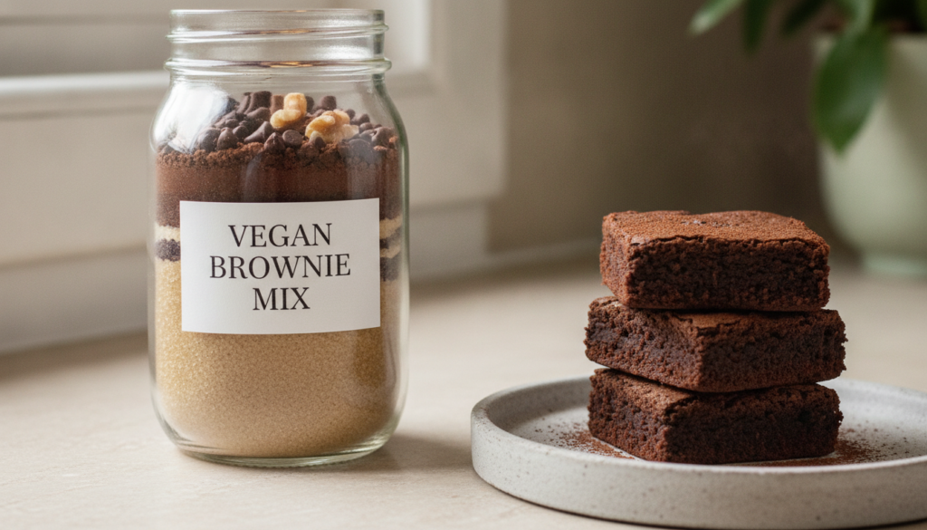 A clear mason jar filled with vegan brownie mix with a label indicating vegan Next to it a plate of delicious vegan brow