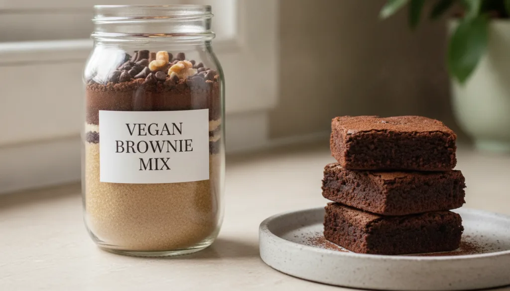 A clear mason jar filled with vegan brownie mix with a label indicating vegan Next to it a plate of delicious vegan brow