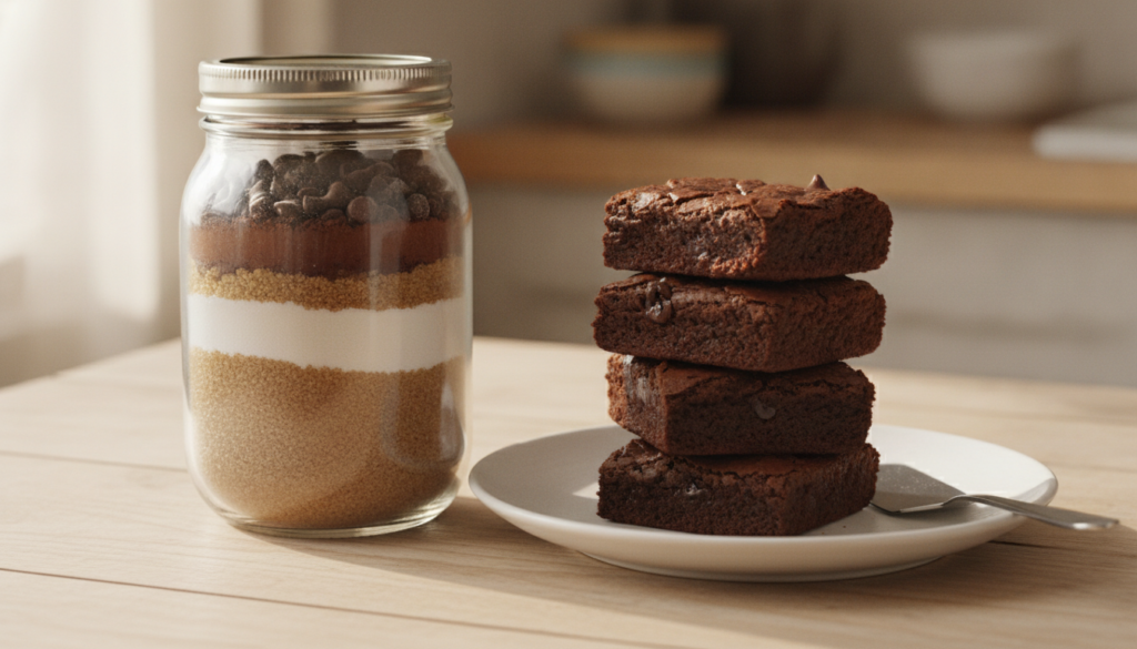 A clear mason jar filled with a chewy brownie mix slightly more brown sugar next to a plate of chewy brownies Bright inv