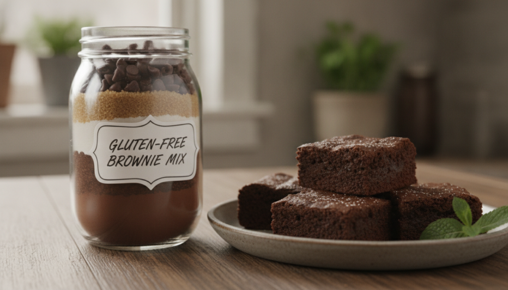 A clear mason jar filled with gluten-free brownie mix with a label indicating gluten-free Next to it a plate of gluten-f