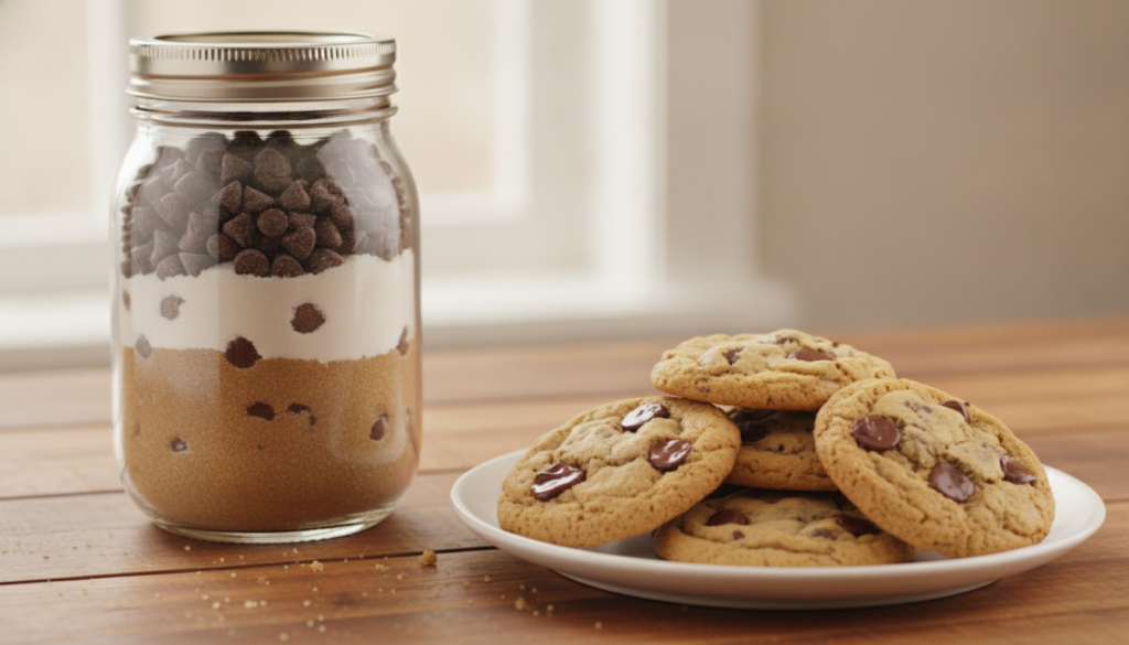 A clear mason jar filled with homemade chocolate chip cookie mix clearly showing chocolate chips within the dry ingredie
