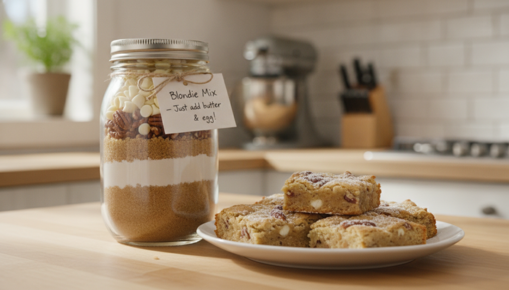 A clear mason jar filled with homemade blondie mix next to a plate of golden blondies Bright inviting light