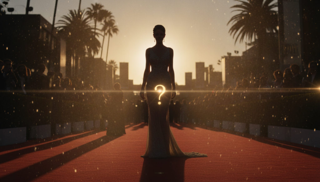 A mysterious silhouette of a glamorous woman on a red carpet with a glowing question mark as if she is the subject of a 