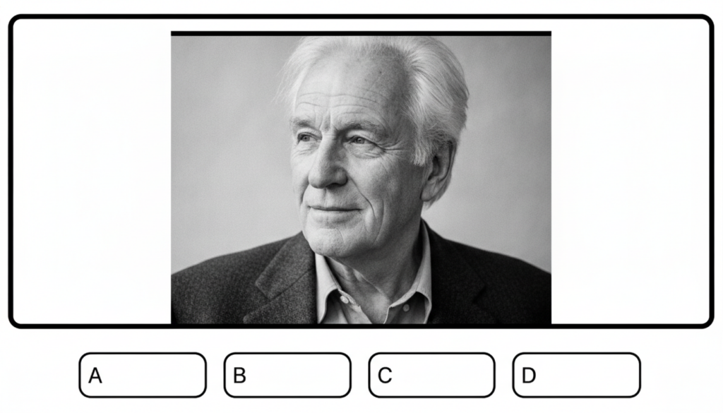 A multiple-choice quiz image showing a black and white portrait of a distinguished older male actor with light hair look