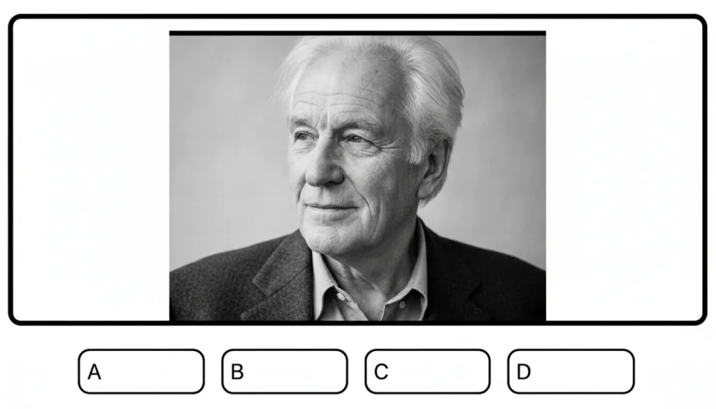 A multiple-choice quiz image showing a black and white portrait of a distinguished older male actor with light hair look