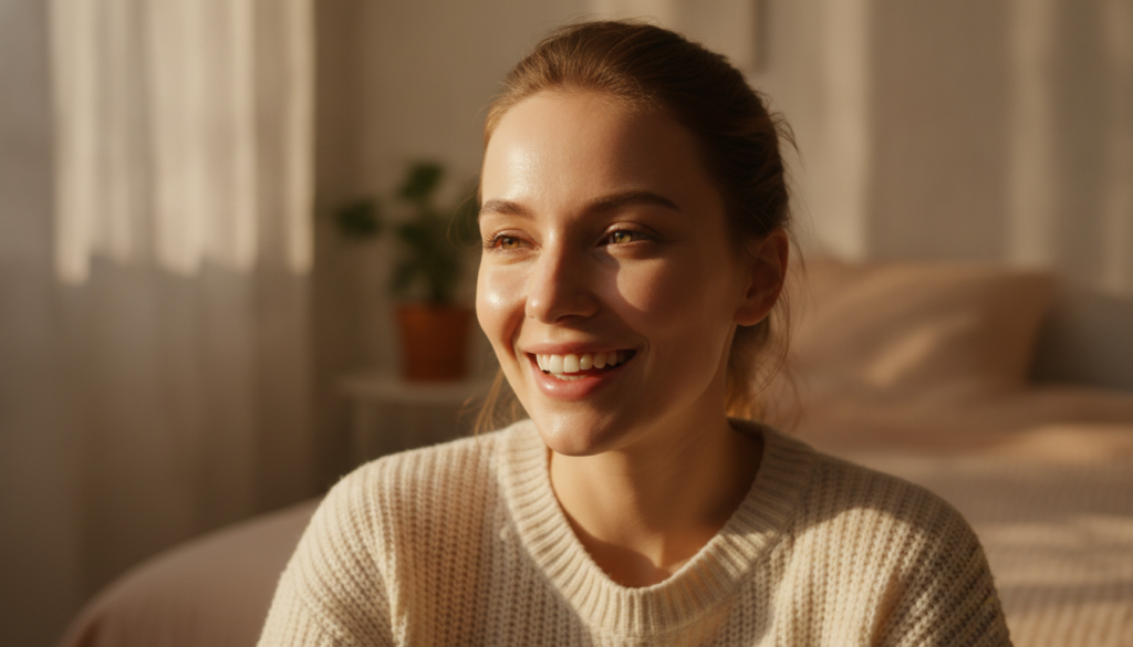 A woman with radiant glowing skin looking refreshed and happy