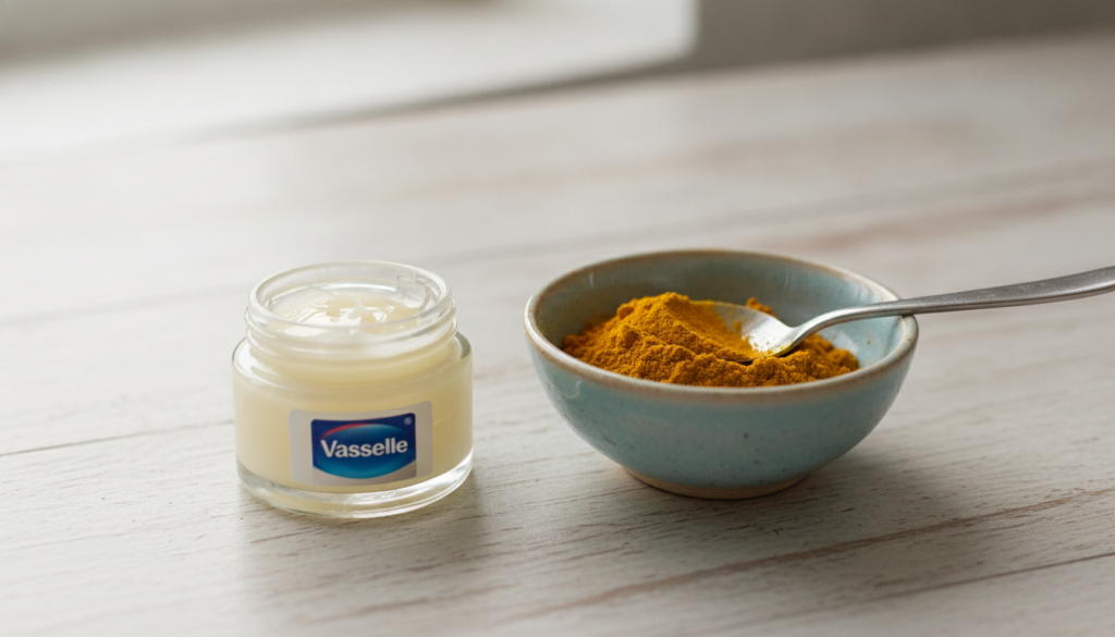 Ingredients for Vaseline and Turmeric balm a small jar of Vaseline a small bowl of turmeric powder and a mixing spoon