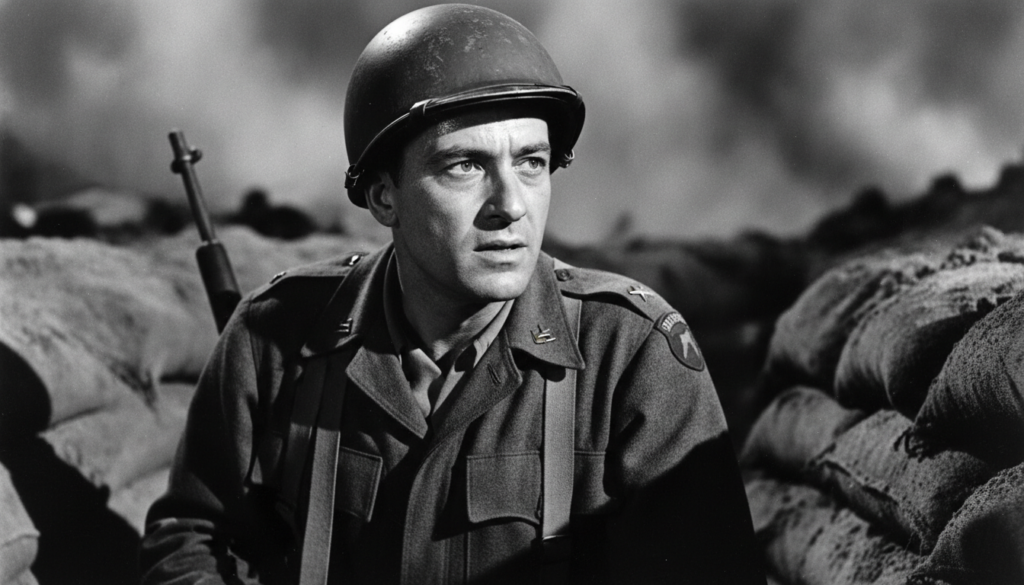 A vintage black and white promotional still of Frank Sinatra in a scene from From Here to Eternity looking intense and d