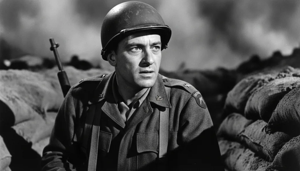 A vintage black and white promotional still of Frank Sinatra in a scene from From Here to Eternity looking intense and d