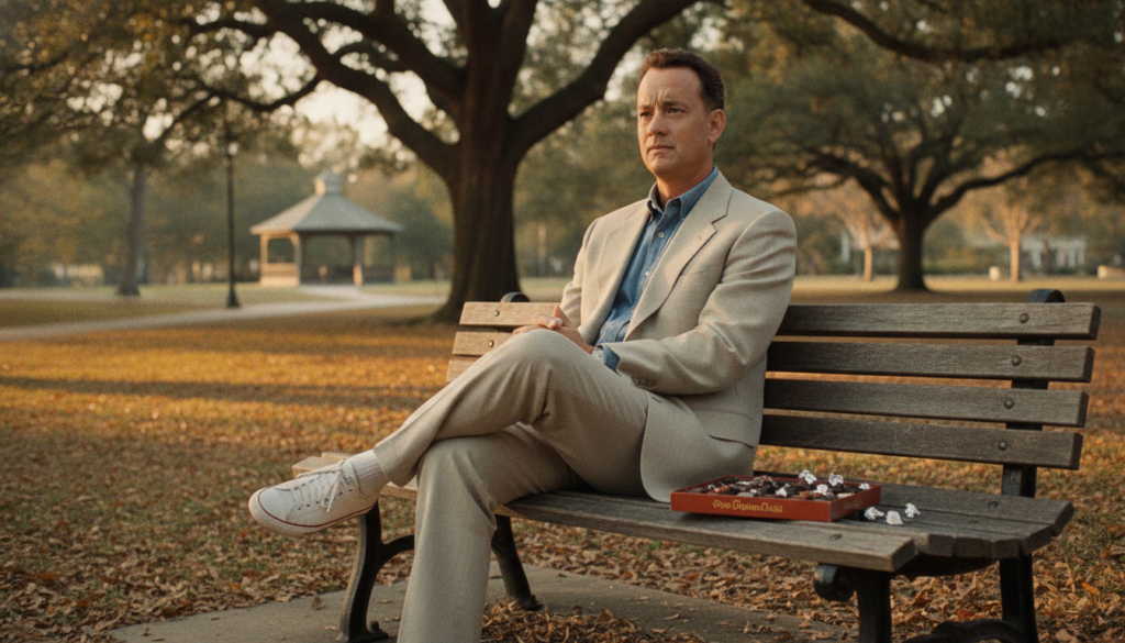 Tom Hanks as Forrest Gump sitting on a park bench with a box of chocolates