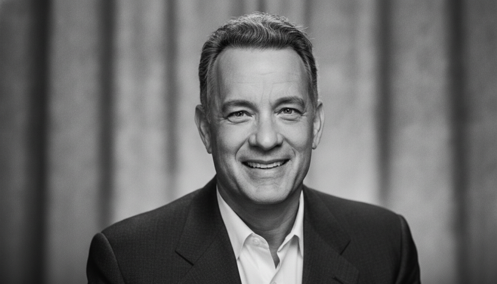 A black and white portrait of a smiling Tom Hanks as if part of a multiple-choice quiz