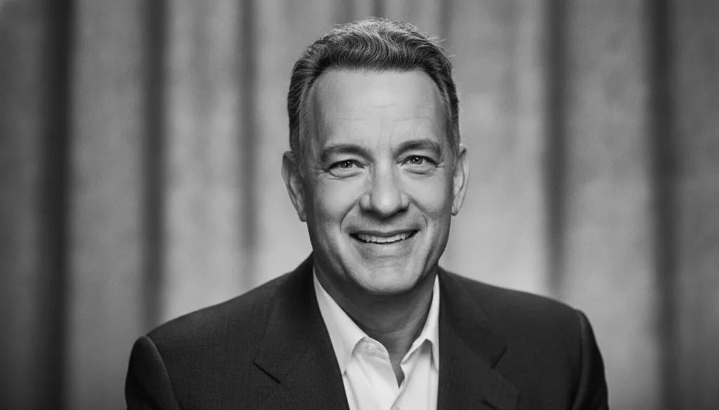 A black and white portrait of a smiling Tom Hanks as if part of a multiple-choice quiz