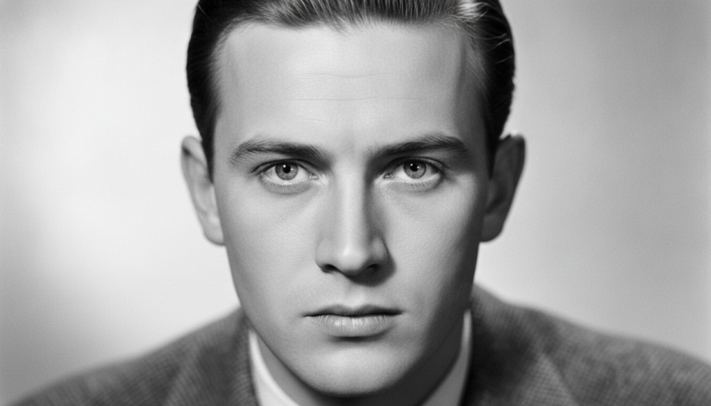 A black and white portrait of a young Peter O Toole with light eyes and short styled hair taken in his early career It s