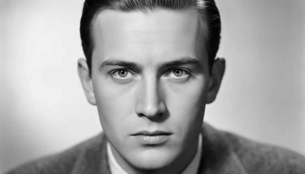 A black and white portrait of a young Peter O Toole with light eyes and short styled hair taken in his early career It s
