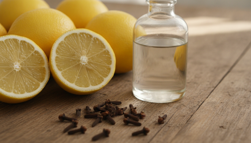 A close-up shot of fresh lemons dried cloves and a bottle of baby oil arranged aesthetically on a rustic wooden surface 