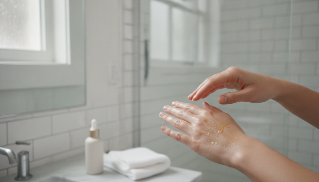 A pair of hands gently massaging the freshly made lemon clove and baby oil onto skin showing a smooth glowing applicatio