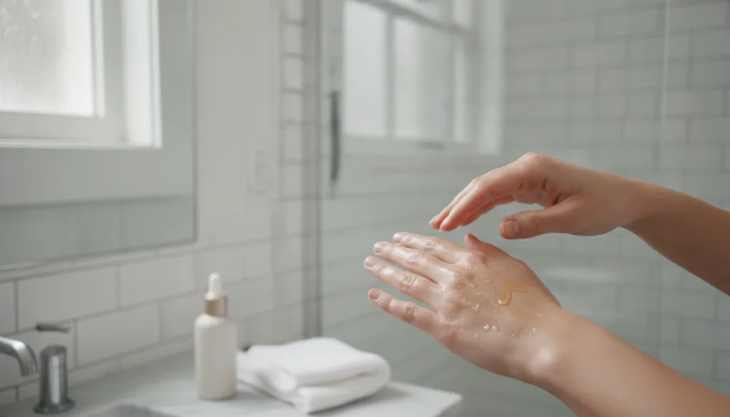 A pair of hands gently massaging the freshly made lemon clove and baby oil onto skin showing a smooth glowing applicatio