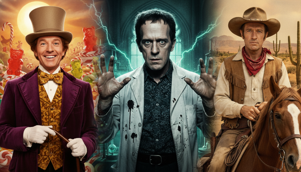 A collage or scene featuring Gene Wilder in his iconic roles such as Willy Wonka Dr Frankenstein or Jim from Blazing Sad