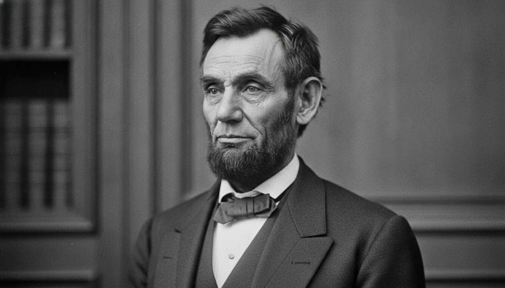 A black and white portrait of Abraham Lincoln featuring his distinctive beard and serious expression suitable for a quiz