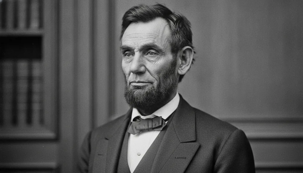 A black and white portrait of Abraham Lincoln featuring his distinctive beard and serious expression suitable for a quiz